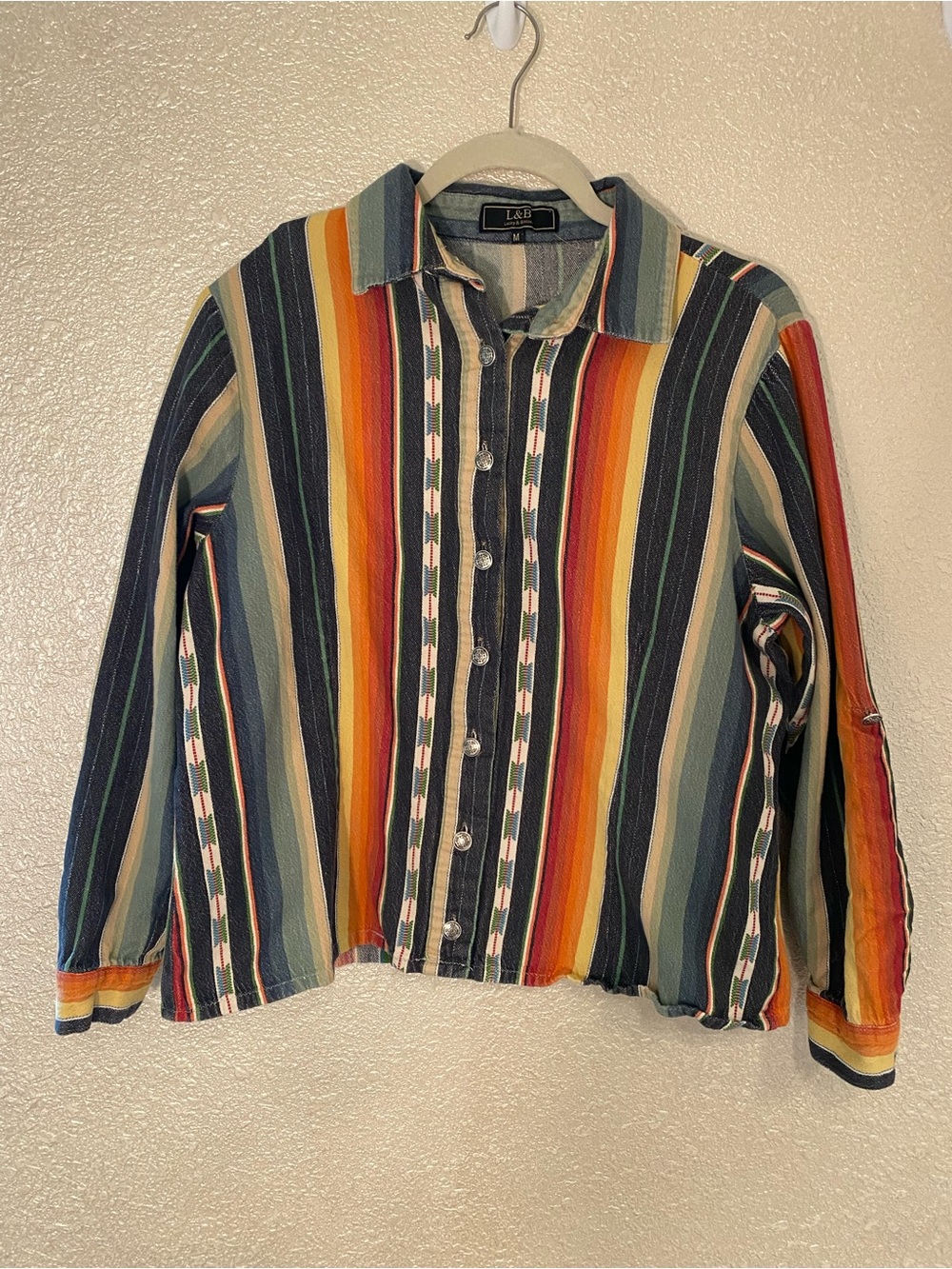 L&B Striped Button-Front Jacket in Teal, Navy, Orange & Cream